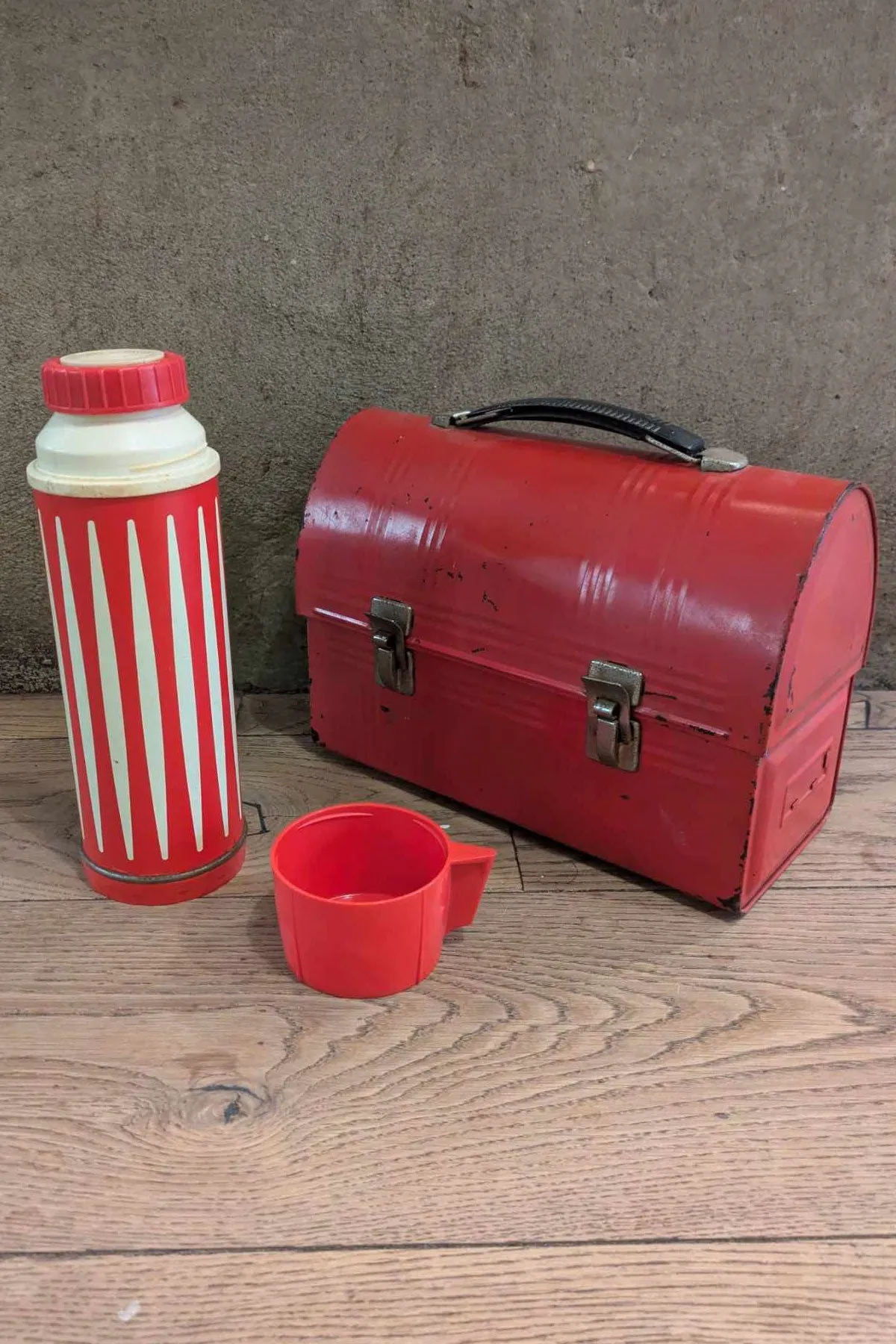 1960's Vintage Dome Red Metal Lunch Box With Thermos. Made In U.S.A