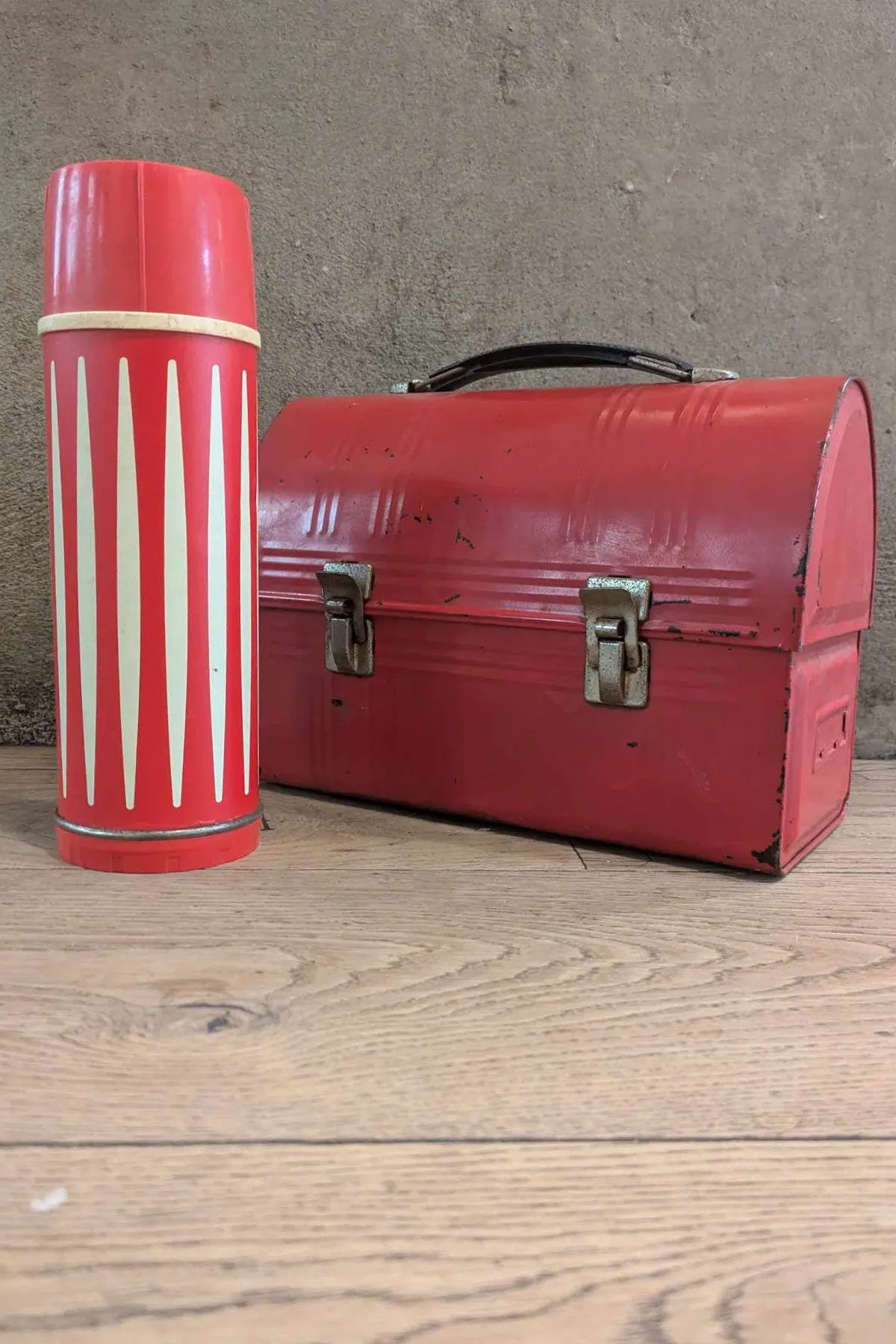 1960's Vintage Dome Red Metal Lunch Box With Thermos. Made In U.S.A