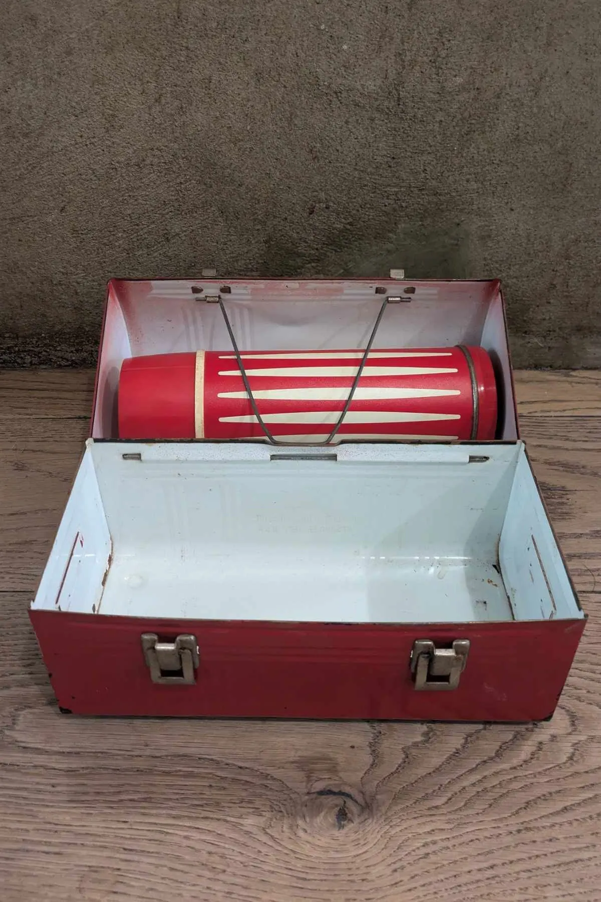 1960's Vintage Dome Red Metal Lunch Box With Thermos. Made In U.S.A