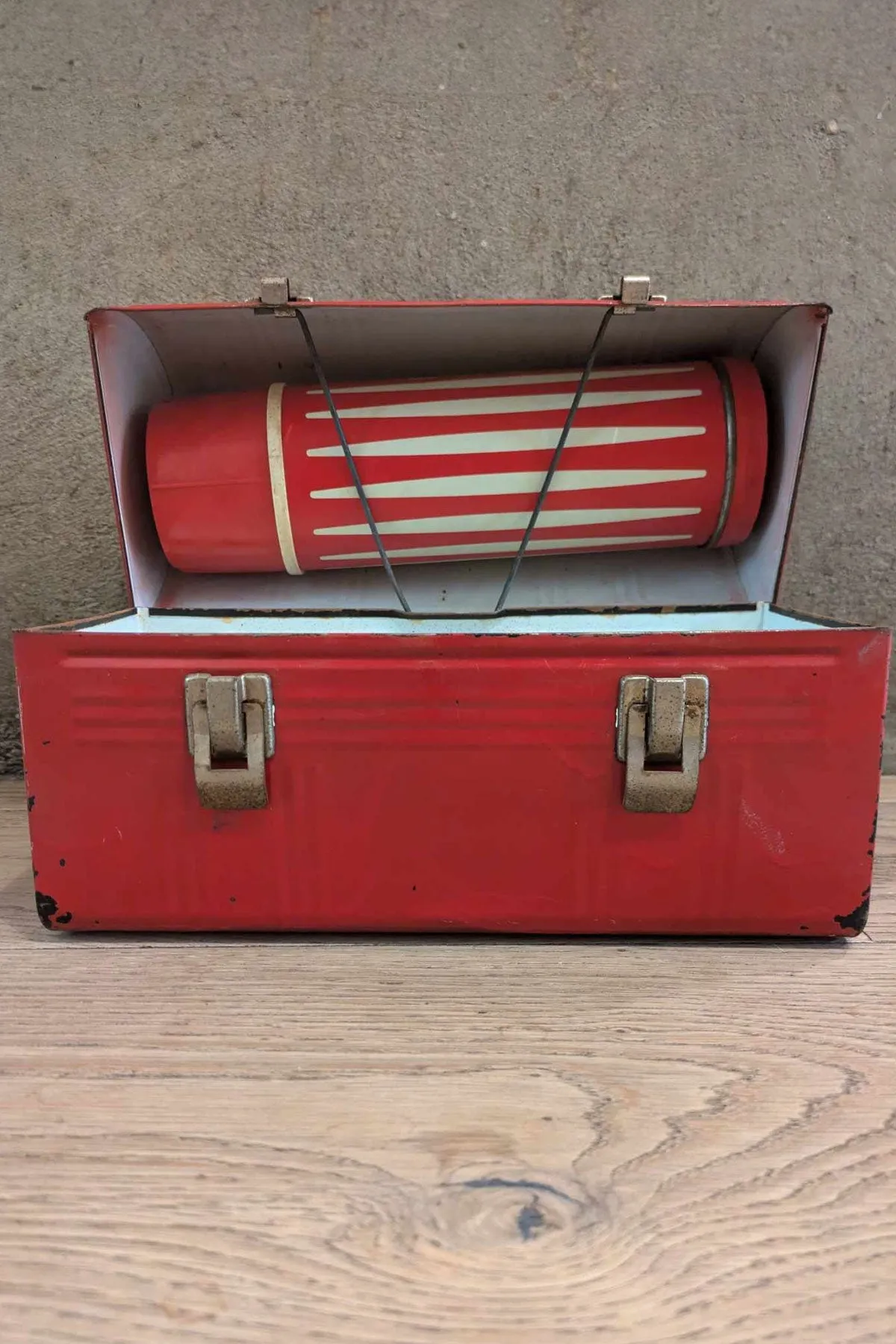 1960's Vintage Dome Red Metal Lunch Box With Thermos. Made In U.S.A