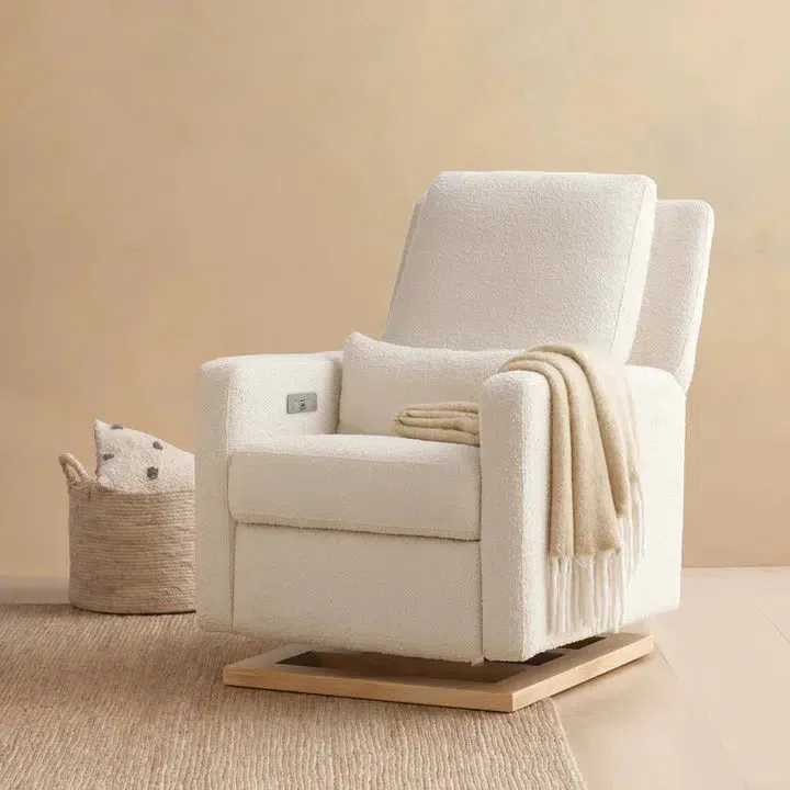 Babyletto - Sigi Electronic Glider   Recliner - Ivory Boucle with Light Wood Base