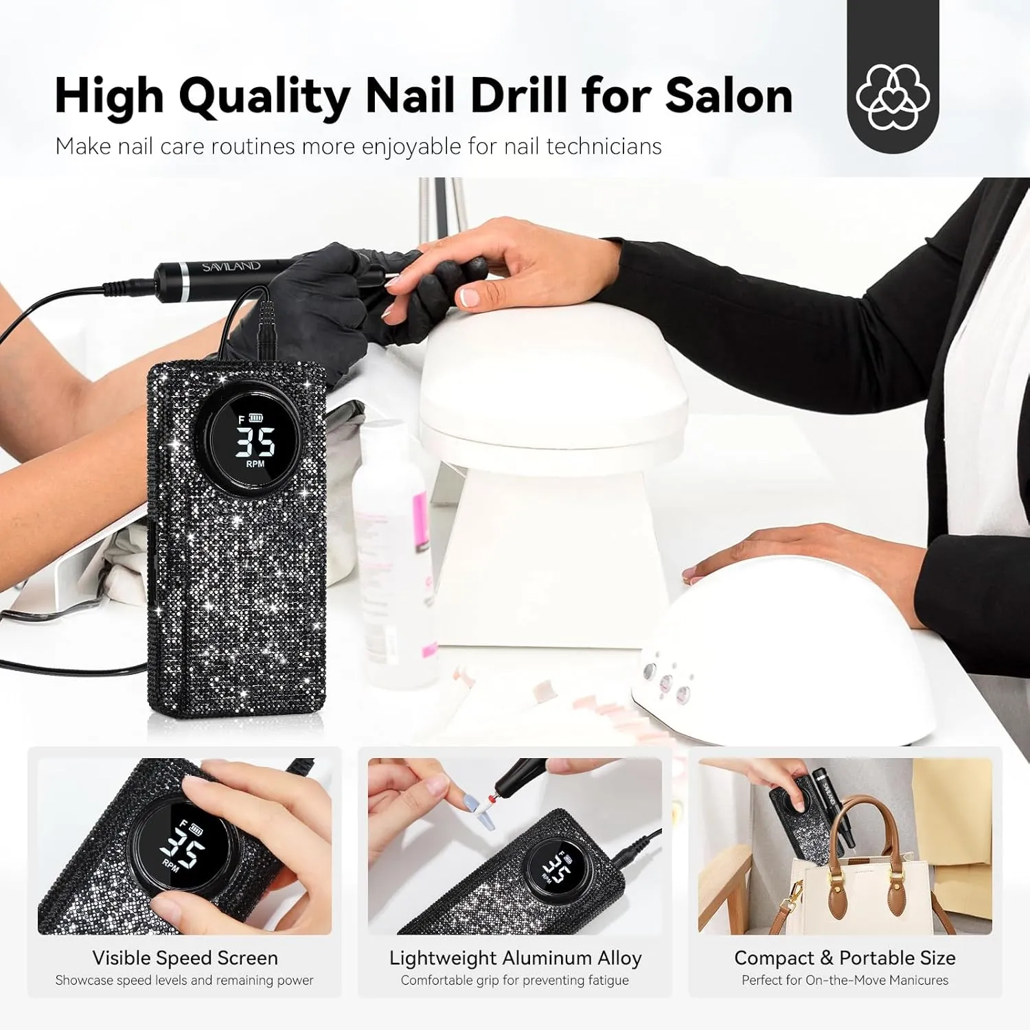 Black Rhinestone Electric Nail Drill 35000RPM