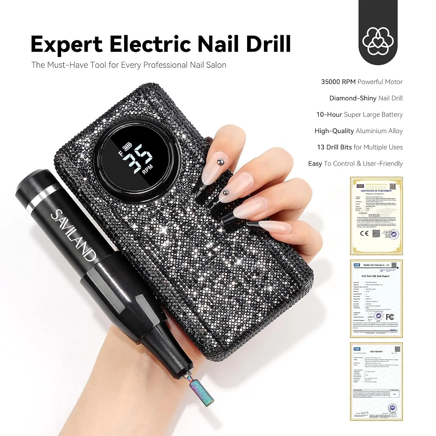 Black Rhinestone Electric Nail Drill 35000RPM