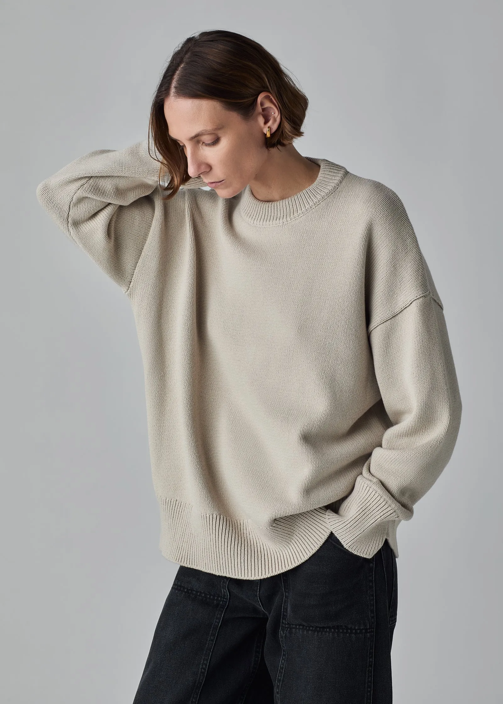 Boyfriend Crew in Cotton Knit - Oatmeal