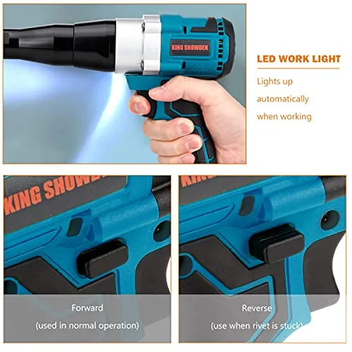 Cordless Rivet Gun, Portable 18V Lithium-ion Electric Automatic Brushless Blind Riveter Tool Kit for 1/8", 5/32", 3/16" Rivets with 2 Pack 5.0Ah Battery