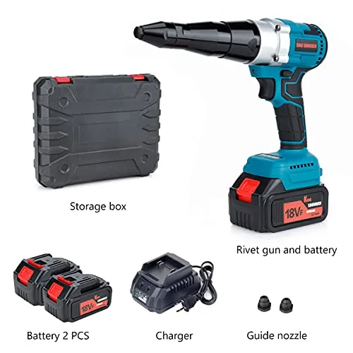 Cordless Rivet Gun, Portable 18V Lithium-ion Electric Automatic Brushless Blind Riveter Tool Kit for 1/8", 5/32", 3/16" Rivets with 2 Pack 5.0Ah Battery