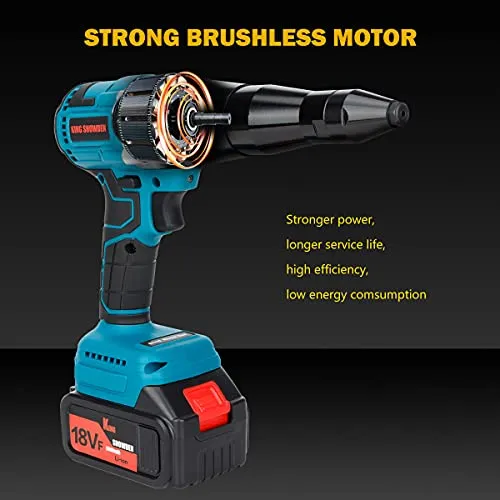 Cordless Rivet Gun, Portable 18V Lithium-ion Electric Automatic Brushless Blind Riveter Tool Kit for 1/8", 5/32", 3/16" Rivets with 2 Pack 5.0Ah Battery