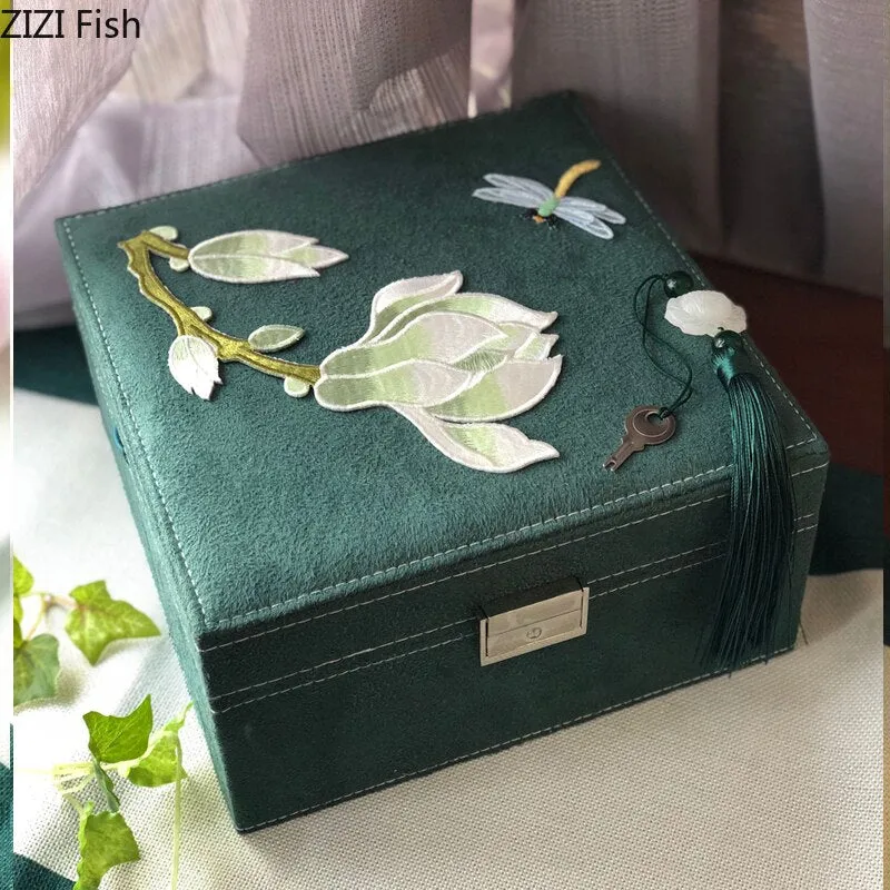 Floral Embroidery Square Jewelry Or Makeup Box With Lock For Dressing Table