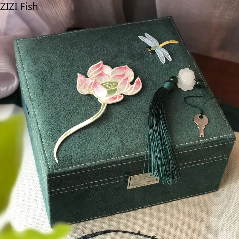 Floral Embroidery Square Jewelry Or Makeup Box With Lock For Dressing Table