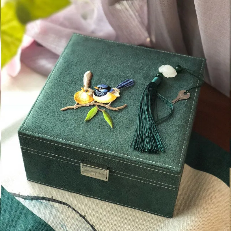 Floral Embroidery Square Jewelry Or Makeup Box With Lock For Dressing Table