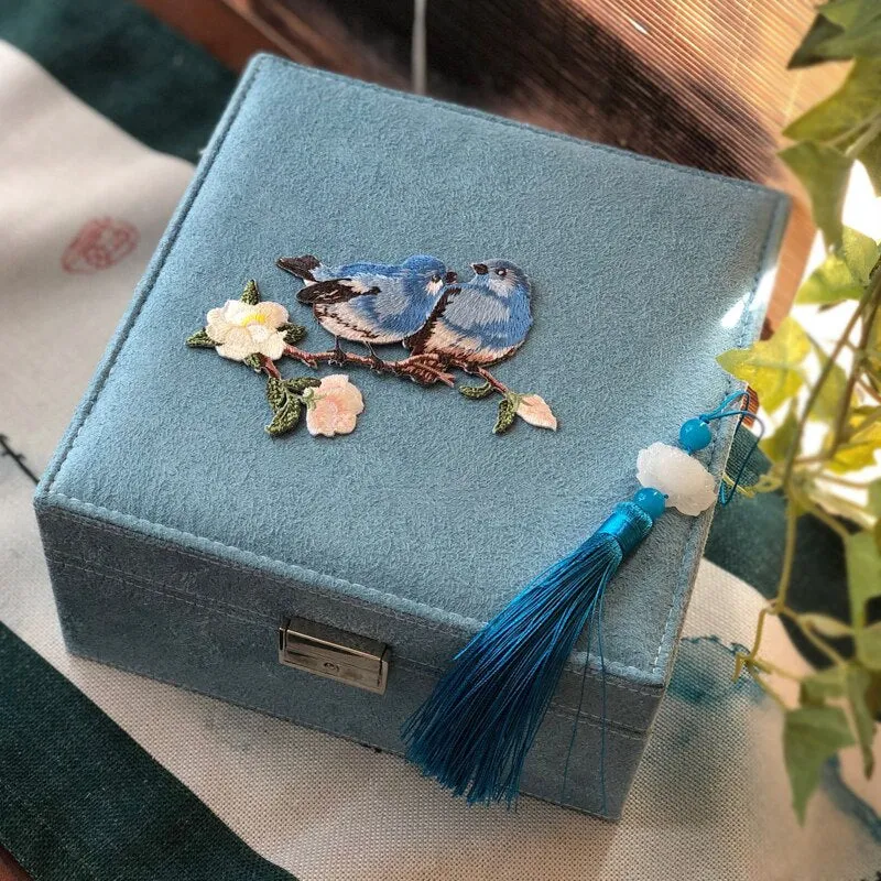 Floral Embroidery Square Jewelry Or Makeup Box With Lock For Dressing Table