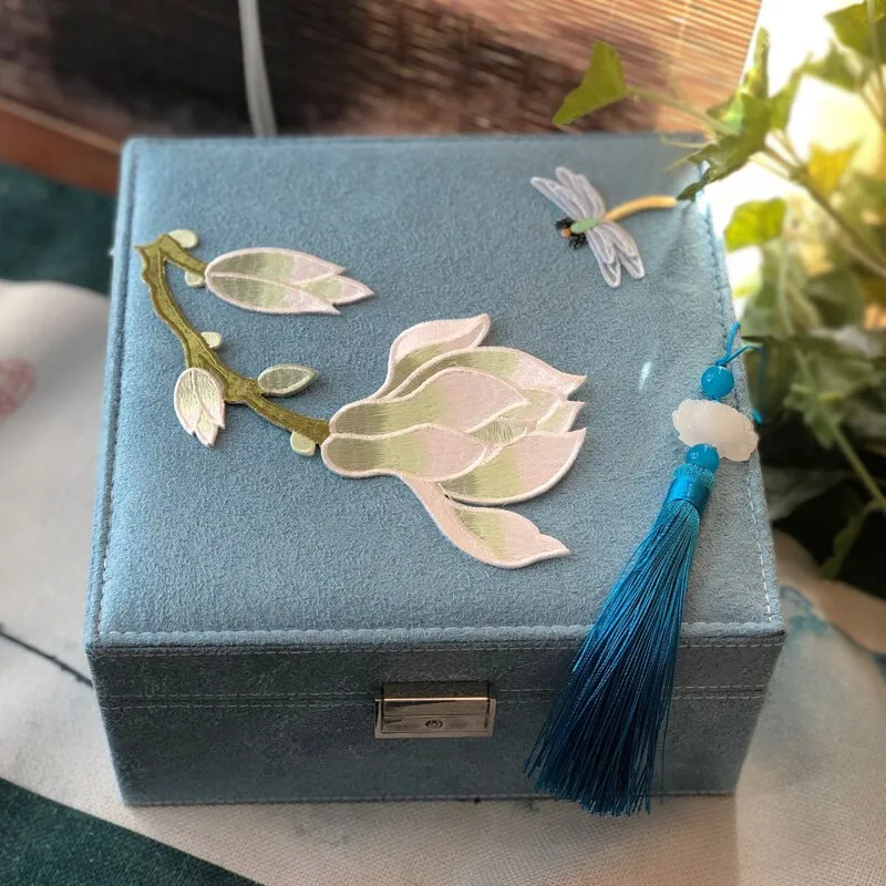 Floral Embroidery Square Jewelry Or Makeup Box With Lock For Dressing Table