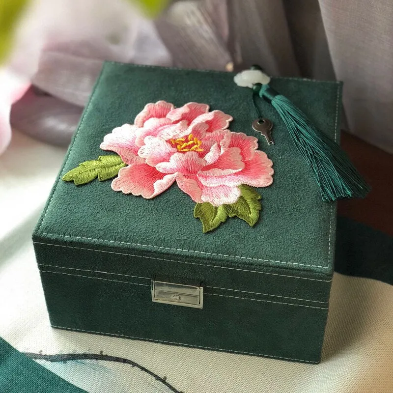 Floral Embroidery Square Jewelry Or Makeup Box With Lock For Dressing Table