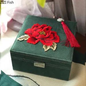 Floral Embroidery Square Jewelry Or Makeup Box With Lock For Dressing Table