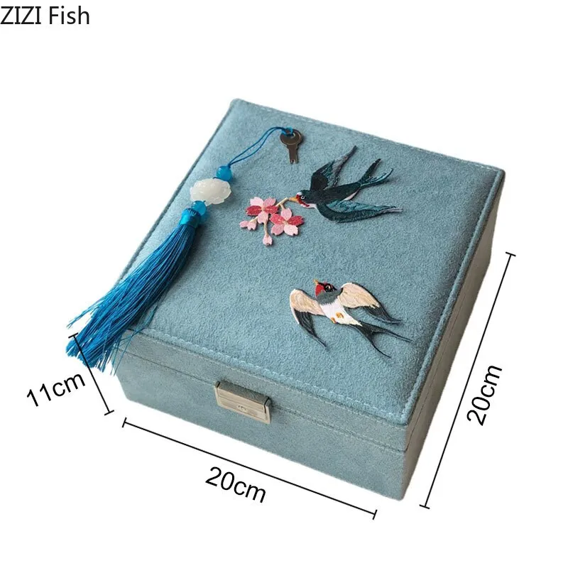 Floral Embroidery Square Jewelry Or Makeup Box With Lock For Dressing Table