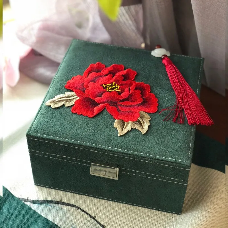 Floral Embroidery Square Jewelry Or Makeup Box With Lock For Dressing Table