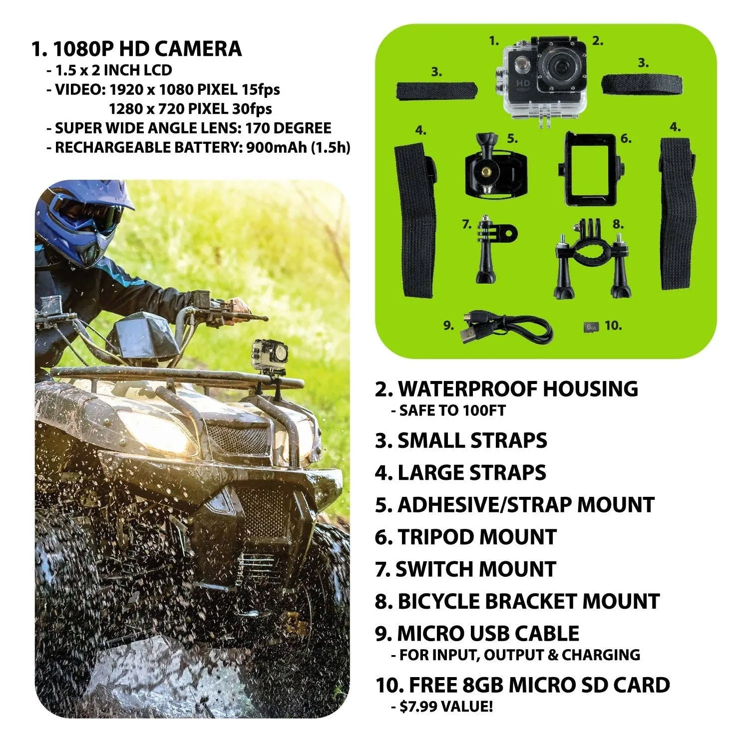 GADGET GEAR SPORT ACTION 1080P WATERPROOF CAM- 4/PACK