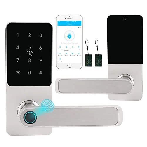 Hi-Tech Fingerprint Door Lock with Handle, Remote Smart Door Lock Keyless Entry Front Door Lock, Biometric Digital Touchscreen Lock, Electronic Wireless Lock for Bedroom Office, Right Hand, Silver