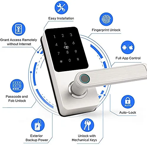 Hi-Tech Fingerprint Door Lock with Handle, Remote Smart Door Lock Keyless Entry Front Door Lock, Biometric Digital Touchscreen Lock, Electronic Wireless Lock for Bedroom Office, Right Hand, Silver