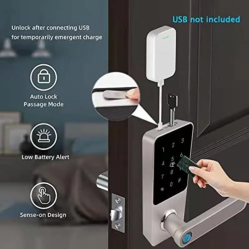 Hi-Tech Fingerprint Door Lock with Handle, Remote Smart Door Lock Keyless Entry Front Door Lock, Biometric Digital Touchscreen Lock, Electronic Wireless Lock for Bedroom Office, Right Hand, Silver