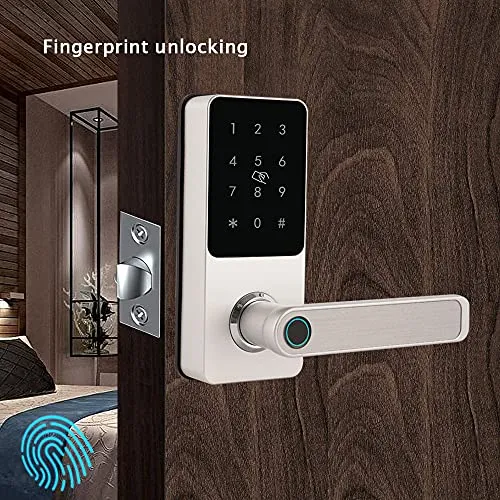 Hi-Tech Fingerprint Door Lock with Handle, Remote Smart Door Lock Keyless Entry Front Door Lock, Biometric Digital Touchscreen Lock, Electronic Wireless Lock for Bedroom Office, Right Hand, Silver