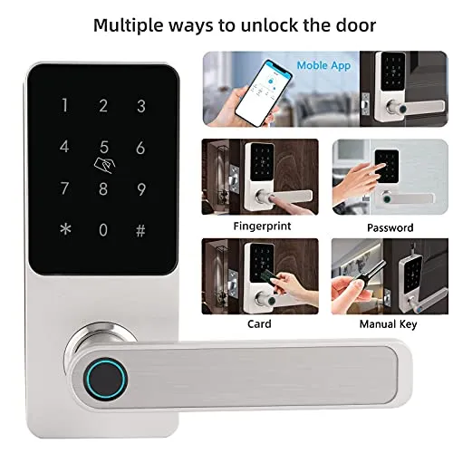 Hi-Tech Fingerprint Door Lock with Handle, Remote Smart Door Lock Keyless Entry Front Door Lock, Biometric Digital Touchscreen Lock, Electronic Wireless Lock for Bedroom Office, Right Hand, Silver