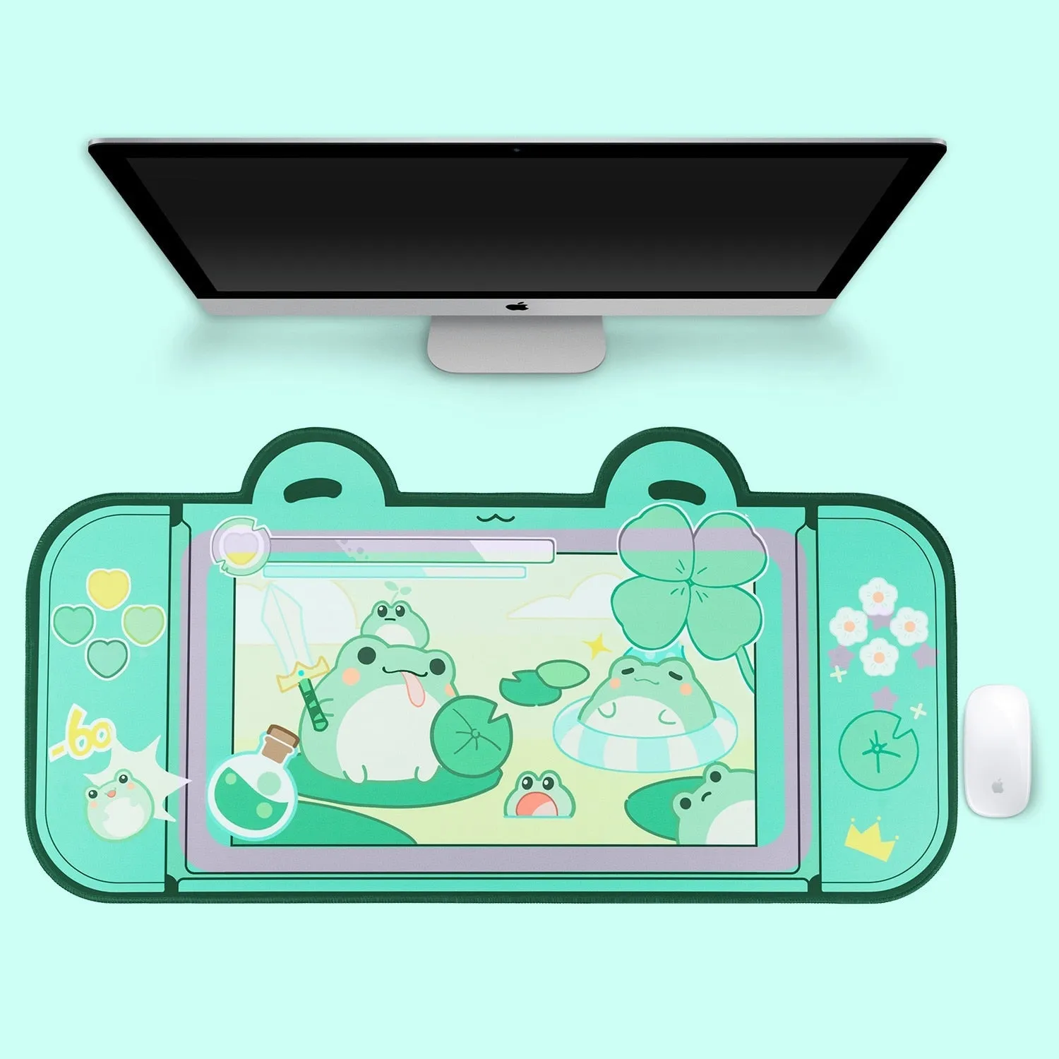 Kawaii Gamer Frog Pond Large Desktop Mouse Pad