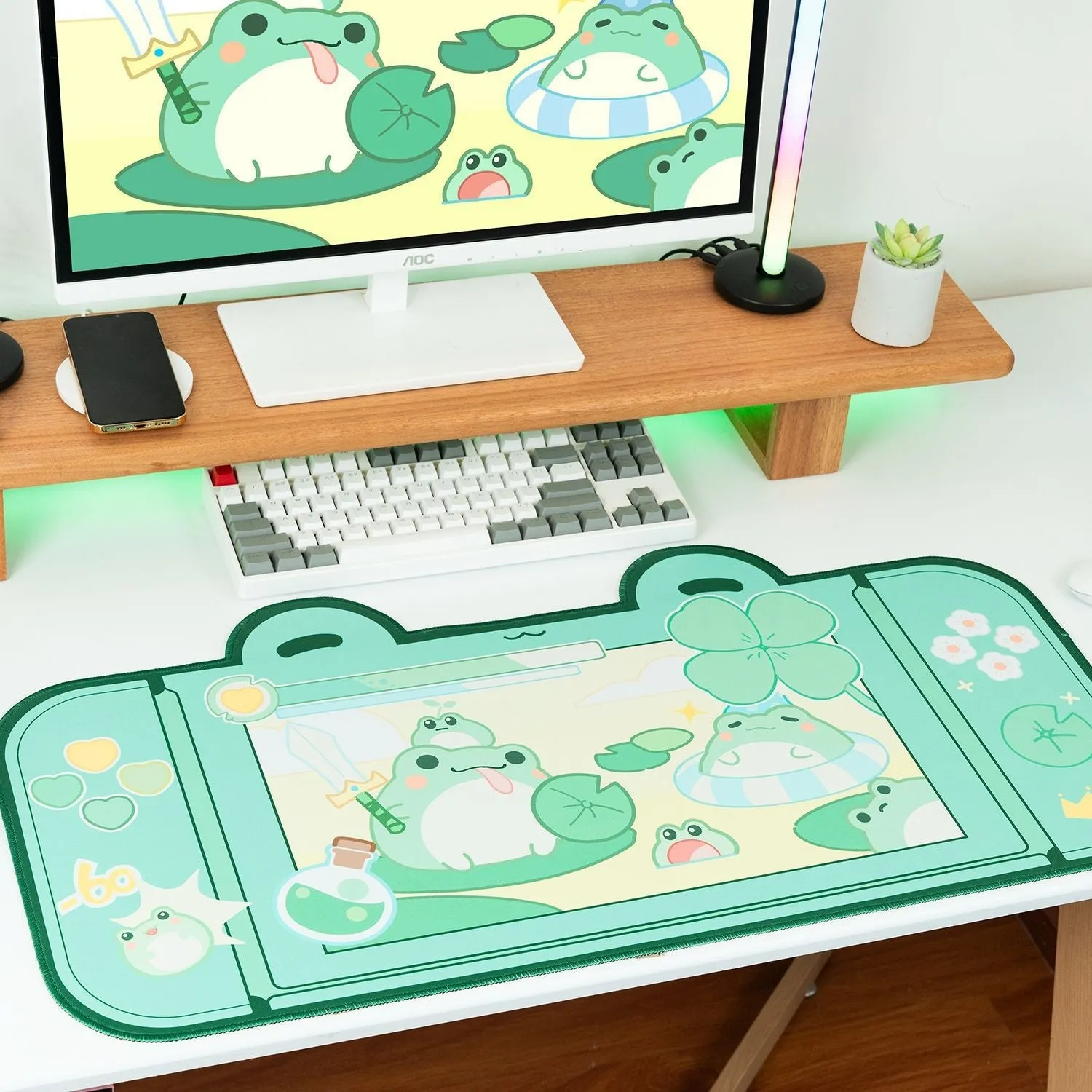 Kawaii Gamer Frog Pond Large Desktop Mouse Pad