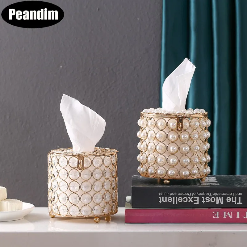 Nordic Crystal Pearl Tissue Box Office Organiser Dressing Table Storage Box Home Desktop Cylinder Napkin Container