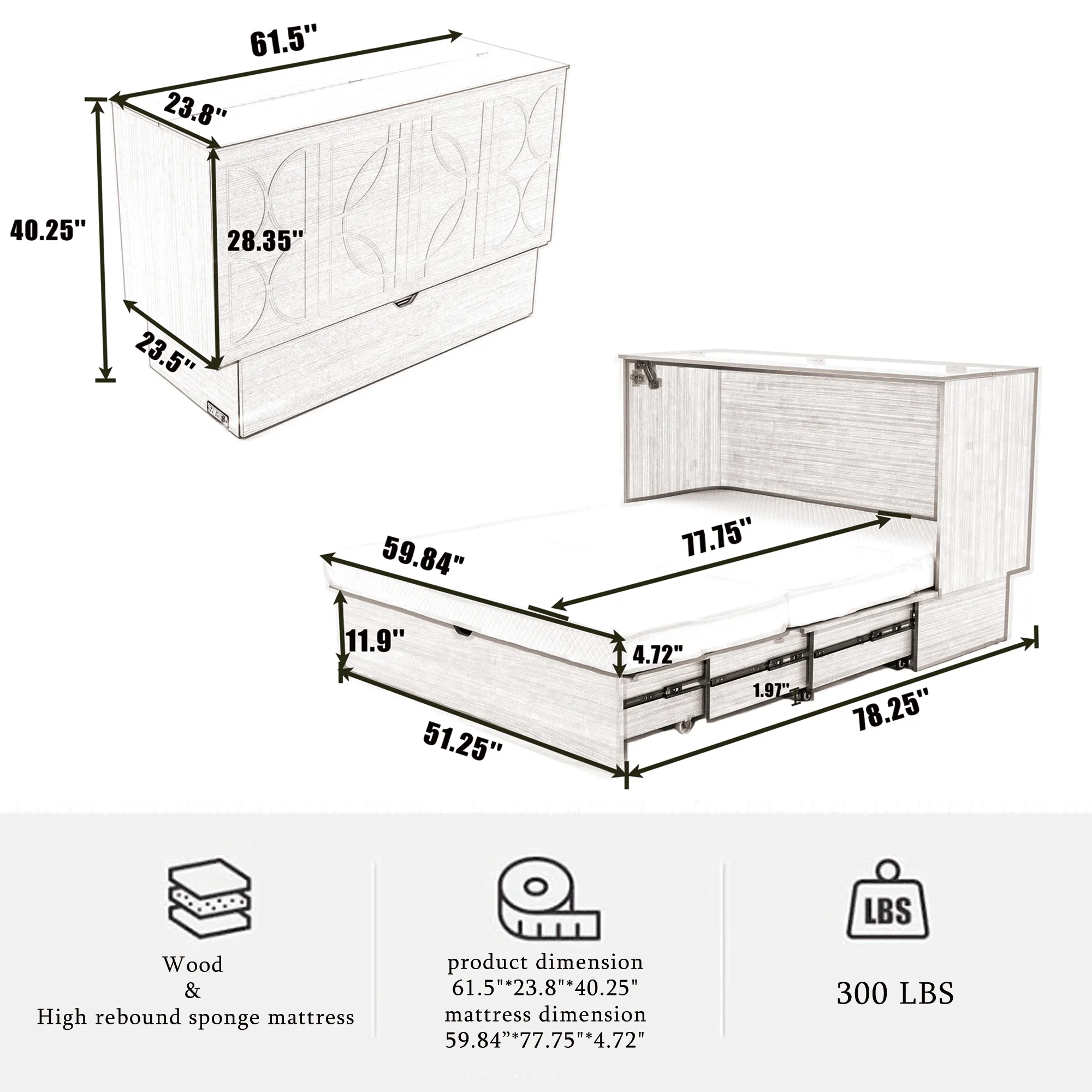 Queen Size Cabinet Bed with Storage and Folding Foam Mattress & Over sized Drawers